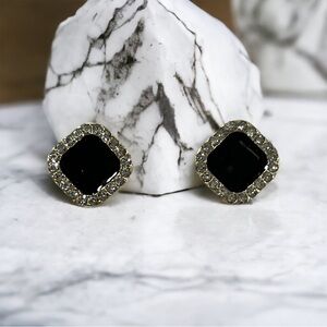 Black Enamel and CZ Square Stud Earrings